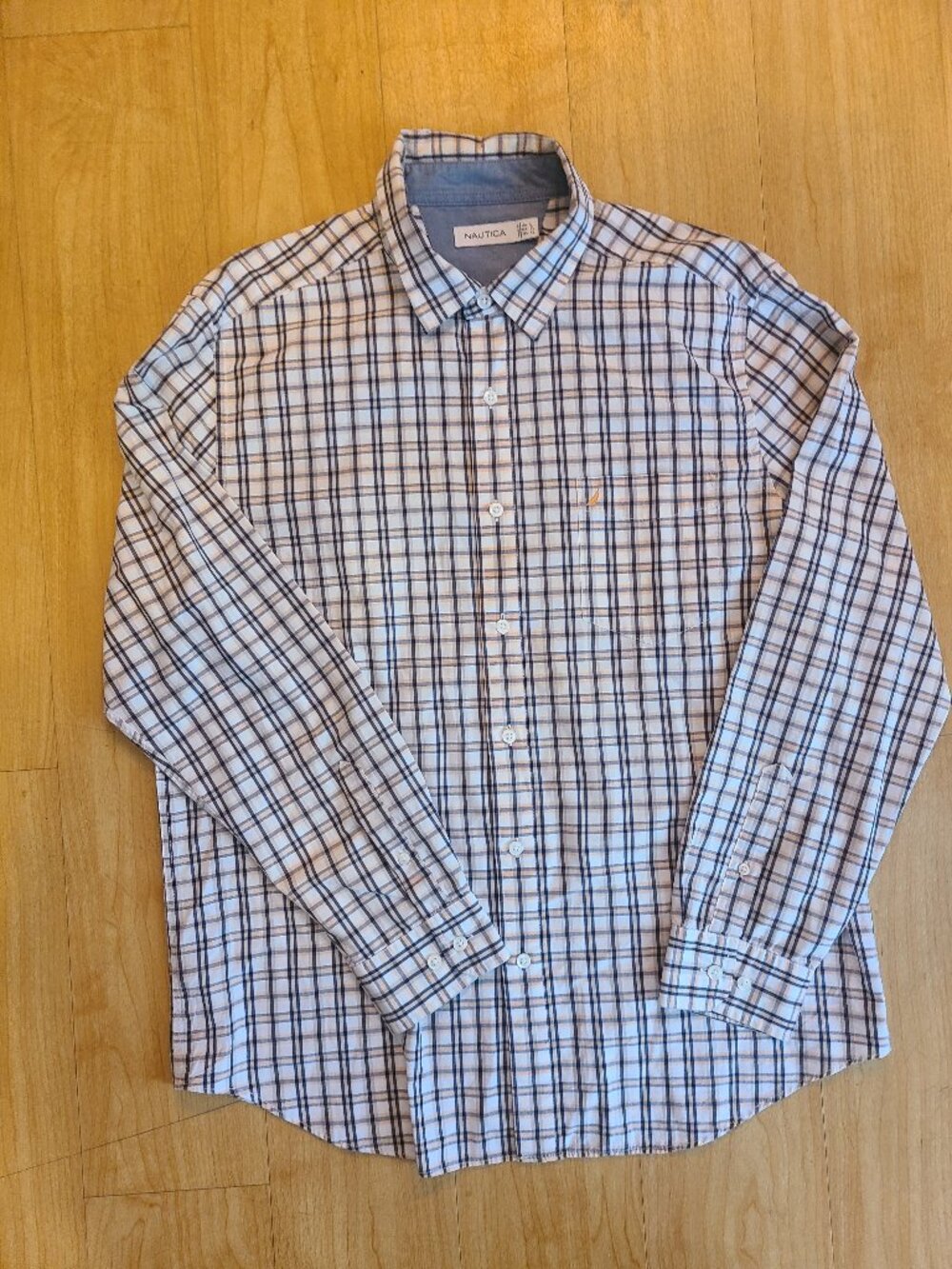 Nautica Mens Shirt Size Large Plaid Long Sleeve Button Front Blue White